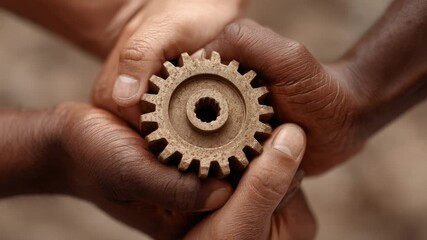 Hands Holding a Wooden Gear Symbolizing Collaboration and Unity in Sustainable Initiatives 4k video footage