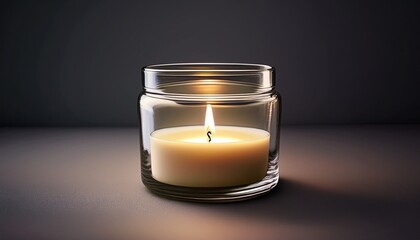 single lit candle in glass container on neutral background