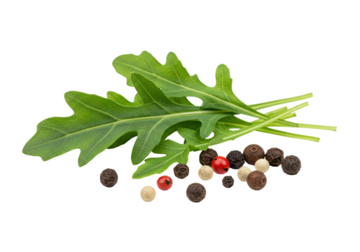 Crisp green arugula leaves, vibrant mixed peppercorns (black, red, white, green) and dark allspice berries artfully scattered on a transparent background, soft studio light, macro. Concept of gourmet