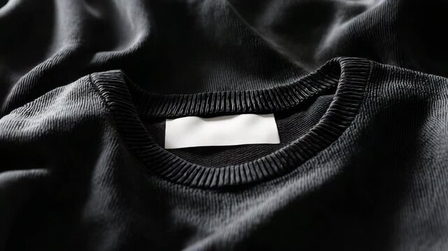 Ultra HD Detailed shot of a black sweatshirt with a blank label, highlighting the fabrics texture and the garments design, ideal for showcasing apparel and branding opportunities 