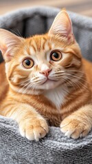 A charming orange cat is nestled comfortably in a cozy bed, showcasing its large, expressive eyes while enjoying a sunny afternoon indoors