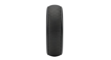 Black rubber tire with textured tread, viewed from the side, isolated on transparent background