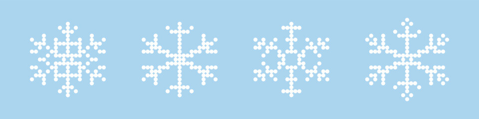 Set of four blue geometric snowflake icons created with a dotted pixel style, perfect for winter themes, technology, and digital holiday decorations.