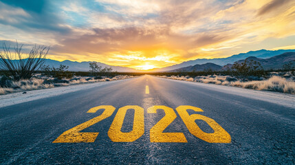  long empty desert road with large yellow numbers "2026" painted on the asphalt, leading toward the sunrise horizon