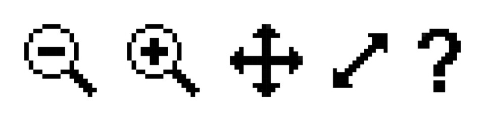 Set of pixel art user interface icons featuring zoom in, zoom out, move arrows, resize, and question mark symbols in a retro 8-bit style.