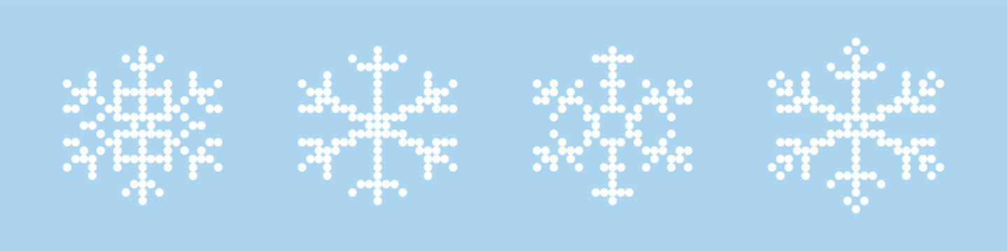 Set of four blue geometric snowflake icons created with a dotted pixel style, perfect for winter themes, technology, and digital holiday decorations.