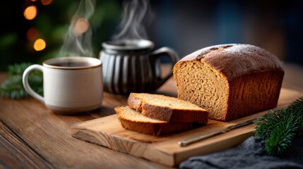 Freshly baked bread and steaming coffee on a wooden board with festive decorations in the background