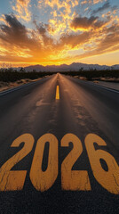  long empty desert road with large yellow numbers "2026" painted on the asphalt, leading toward the sunrise horizon