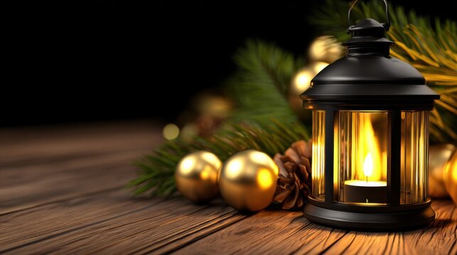 A beautifully lit lantern surrounded by festive ornaments and pine branches on a rustic wooden table