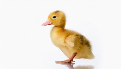 Small Adorable Yellow Duckling With Soft Fluffy Down Feathers Standing Isolated On White Background Symbolizing Innocence Springtime And Natural Animal Cuteness Concept