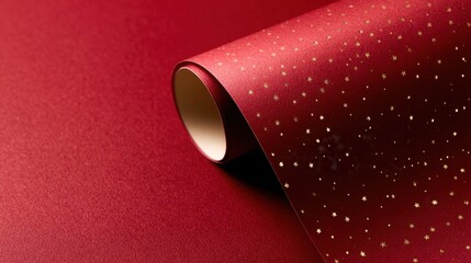 Elegant red wrapping paper with golden dots, rolled on a smooth surface, perfect for festive occasions