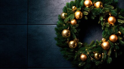 Elegant Christmas wreath adorned with golden ornaments, set against a dark textured wall background