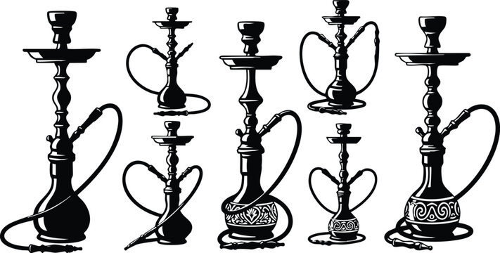 Traditional hookah pipe collection with intricate designs in black silhouette vector illustration 