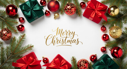 Minimalist Christmas flatlay with pine branches, red ornaments, wrapped gifts, and handwritten &ldquo;Christmas&rdquo; text on a clean white background with soft shadows.
