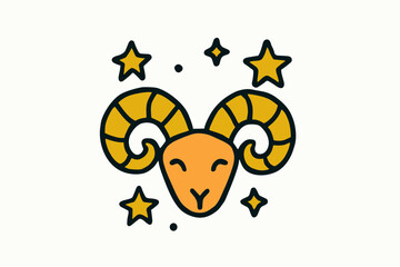 Cute doodle astrology spiritual collection flat vector illustration bold handdrawn outlines bright solid fills isolated on white clean white space sticker style minimal detail aries horns