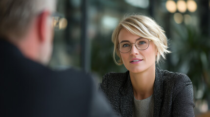 Focused Dialogue: A businesswoman attentively listens during a meeting. The image captures the focus and communication.