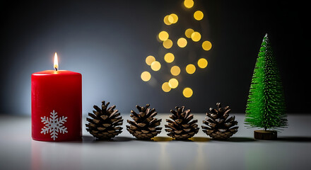 Festive Christmas arrangement with glowing red candle, pine cones and miniature tree creating warm cozy holiday atmosphere for seasonal greetings