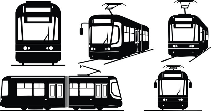 Modern tram vector set showing multiple views of electric urban public transport vehicles for city travel and commuting 