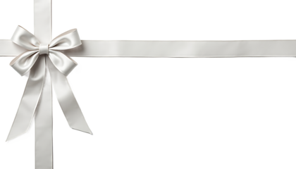 Silver ribbon bow in the upper left corner on white isolated on a transparent background