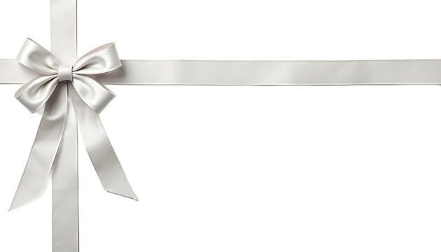 Silver ribbon bow in the upper left corner on white isolated on a transparent background