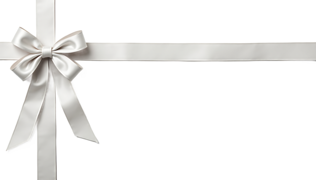 Silver ribbon bow in the upper left corner on white isolated on a transparent background