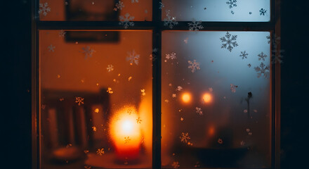 Cozy Christmas Window View with Warm Candlelight Glow and Festive Snowflake Decorations Displayed Beautifully
