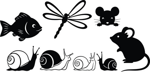 Various small animals including fish, dragonfly, mice, and snails in black silhouette vector illustration 