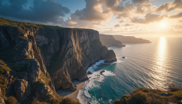 Aerial view of cliffs and ocean at sunset or sunrise