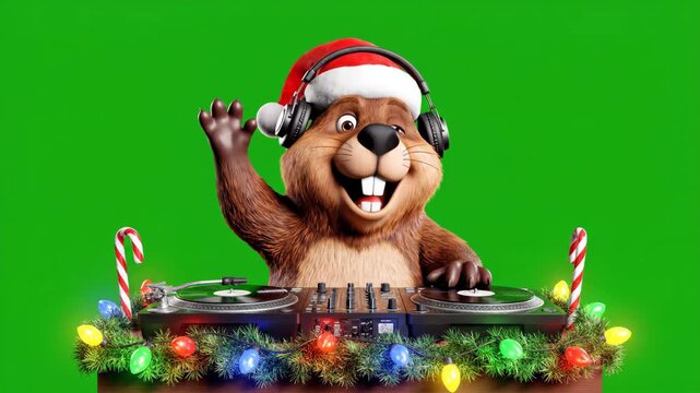 Cheerful Christmas Beaver DJ on Green Screen - A festive beaver wearing a Santa hat and headphones is mixing music on turntables, adorned with Christmas lights and candy canes.