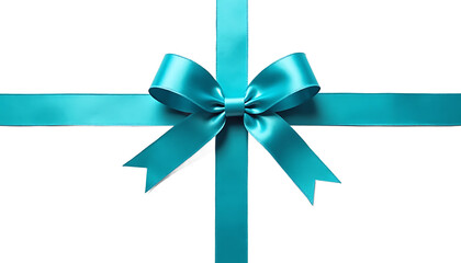 Symmetrical teal ribbon bow on white background satin isolated on a transparent background