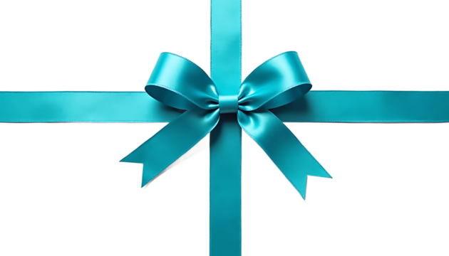 Symmetrical teal ribbon bow on white background satin isolated on a transparent background