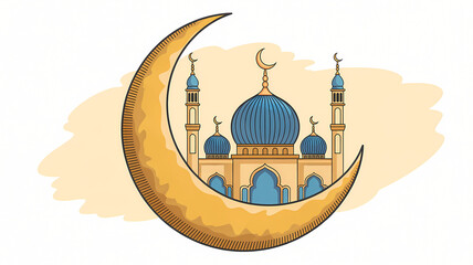 ramadan crescent with blue dome mosque illustration