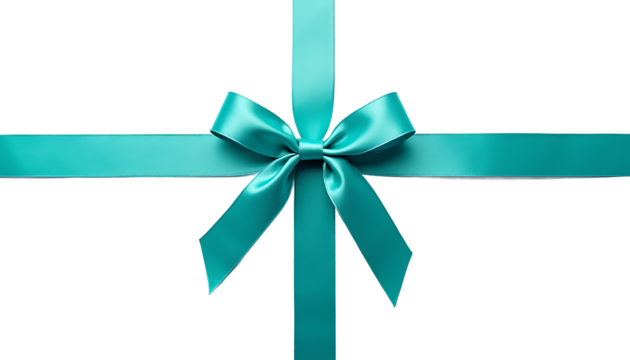 Teal Ribbon Bow Gift Wrapping on White Background satin bow isolated on a transparent background