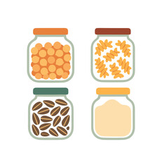 Flat vector illustration 4 storage jars for dried goods rounded forms colorful cozy palette