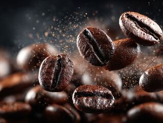 roasted coffee beans with a dynamic background showing coffee dust being scattered around a central bean
