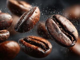 roasted coffee beans with a dynamic background showing coffee dust being scattered around a central bean
