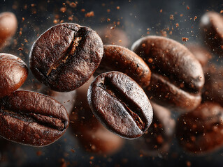 roasted coffee beans with a dynamic background showing coffee dust being scattered around a central bean