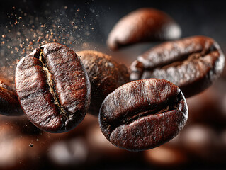roasted coffee beans with a dynamic background showing coffee dust being scattered around a central bean