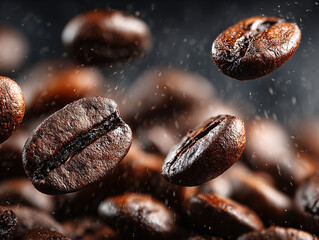 roasted coffee beans with a dynamic background showing coffee dust being scattered around a central bean