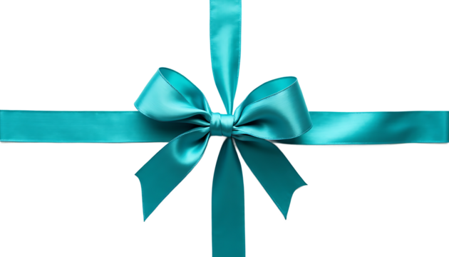 Teal ribbon bow on white background gift present isolated on a transparent background