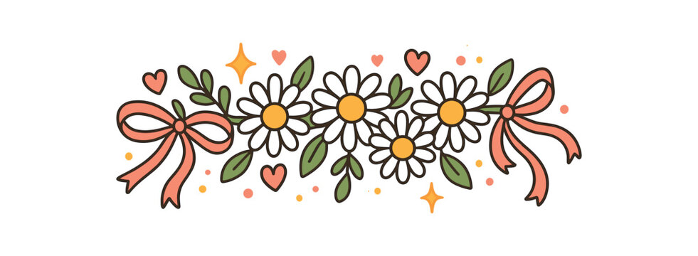 Cozy summer flat vector illustration collection of cute seasonal icons flower crown: daisies ribbons leaves tiny hearts sparkles dots arranged horizontal composition handdrawn outlines
