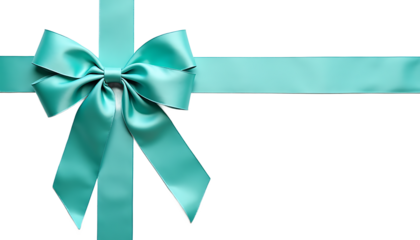 Teal ribbon bow on white background gift present isolated on a transparent background