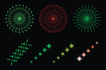 Colorful bright starburst fireworks light up the black night sky for a festive celebration design