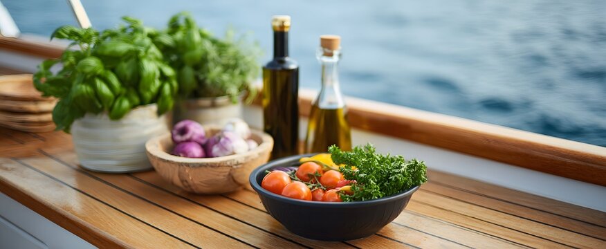 Boat deck cooking setup featuring fresh ingredients and cookware prepared for immediate use