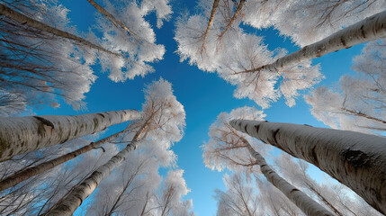 Snow covered forest trees reach toward clear blue sky, winter landscape with frosty branches, peaceful and serene atmosphere