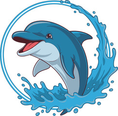 Obraz premium Cartoon dolphin jumping out of water within a circular frame.