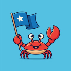 Cartoon crab holding a flag of Somalia, smiling with joy, on a blue background.