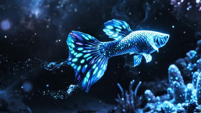 Luminous fish underwater with glowing details and dark background