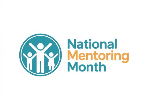 National Mentoring Month Graphic with Happy People Icon Symbolizing Professional Guidance, Education, Support, and Career Development