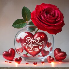 Red rose in vase with happy valentines day message